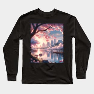 Cherry Blossom and Lake - Anime Drawing Long Sleeve T-Shirt